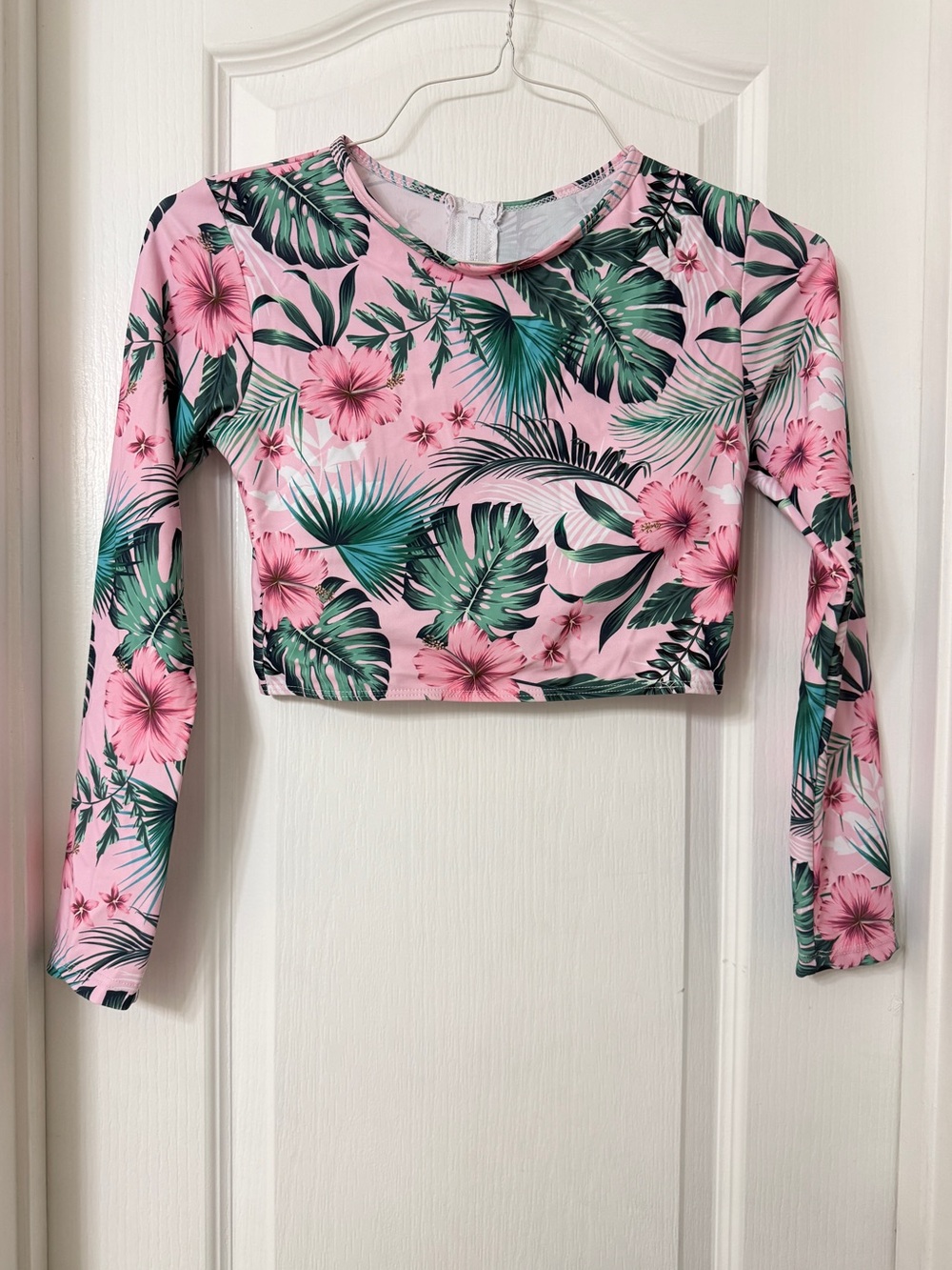 Pink tropical floral long-sleeve cropped swim top built in bra Size S